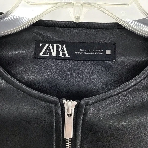 ZARA Faux Leather Moto Biker Collarless Jacket Edgy Career Black Size Small - Picture 6 of 10